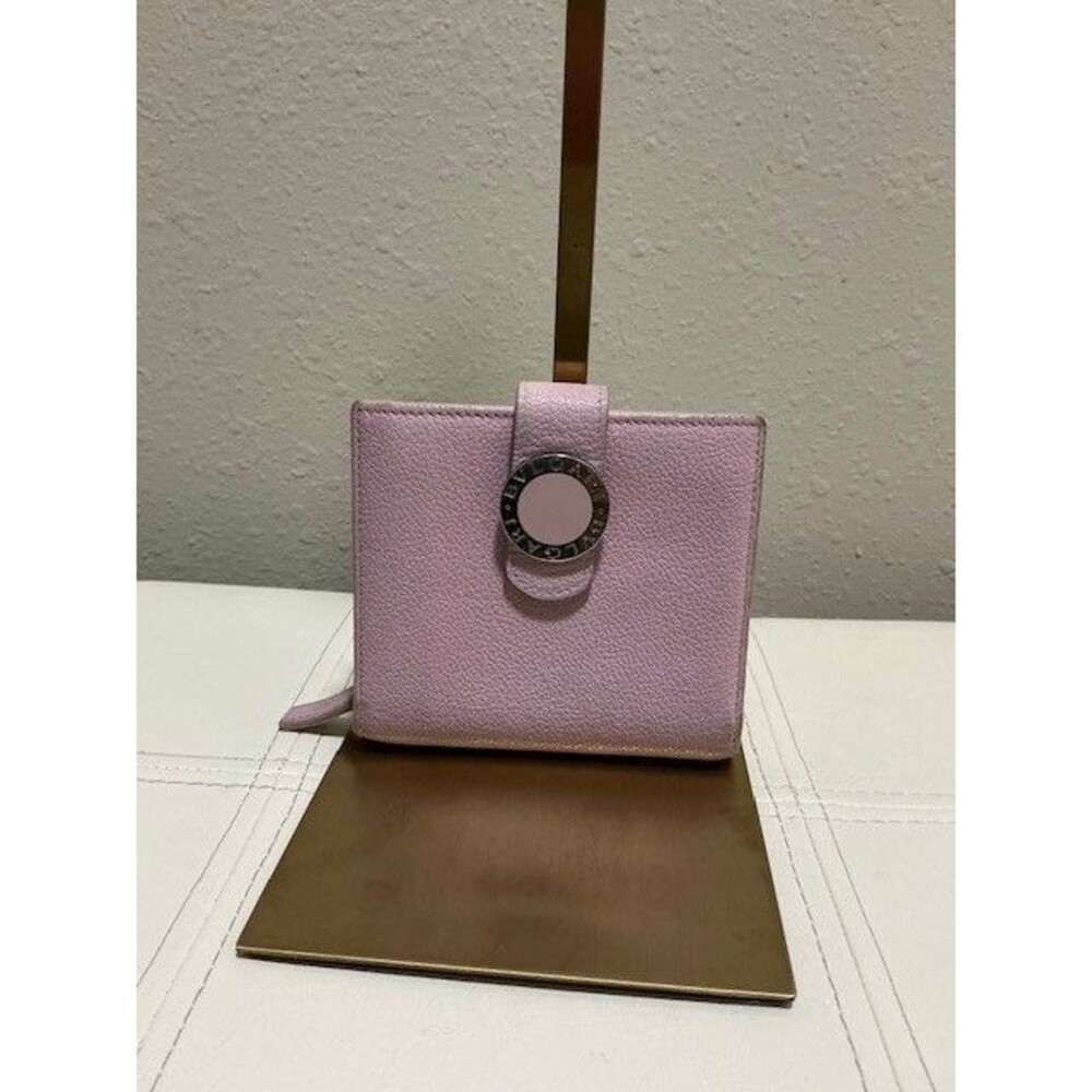 Bvlgari Pink Calf Skin Pebble Bi-Fold Wallet with Zipper Pocket & Orange Lining